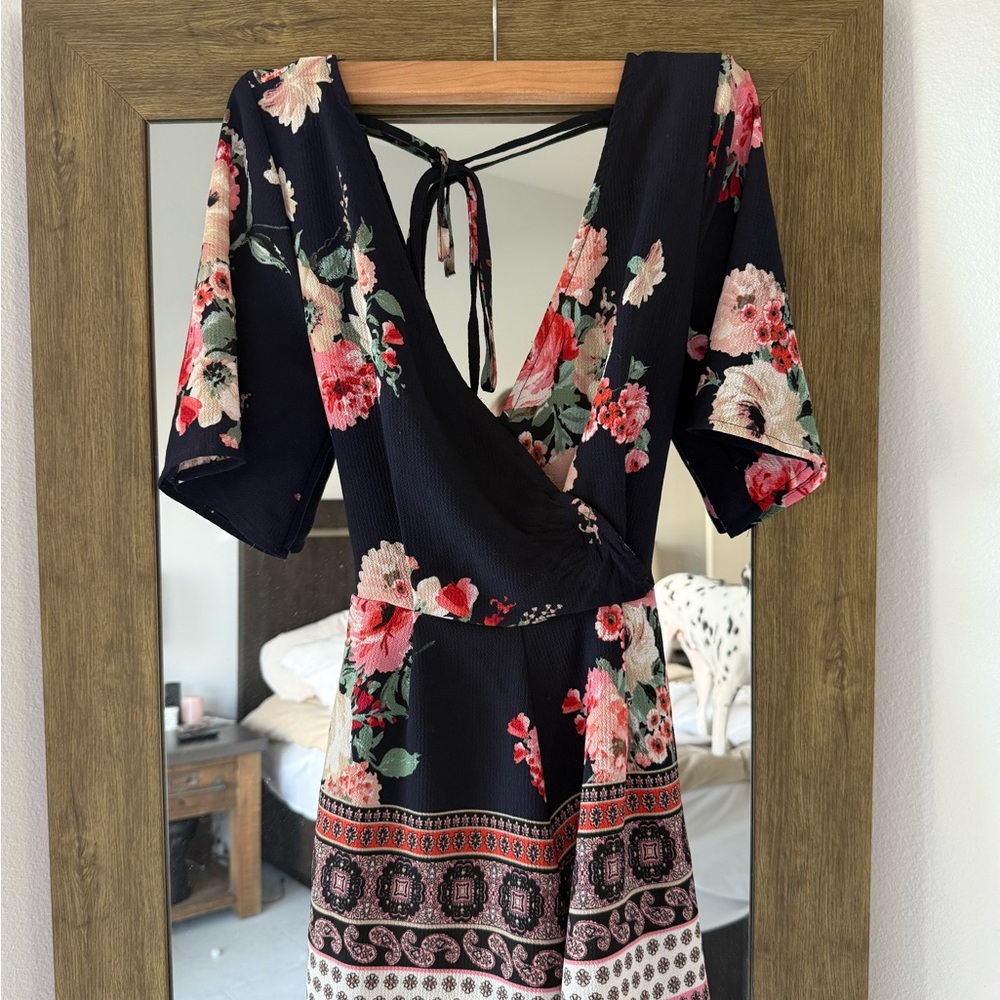 Floral Wrap Dress Romper with Tie Back